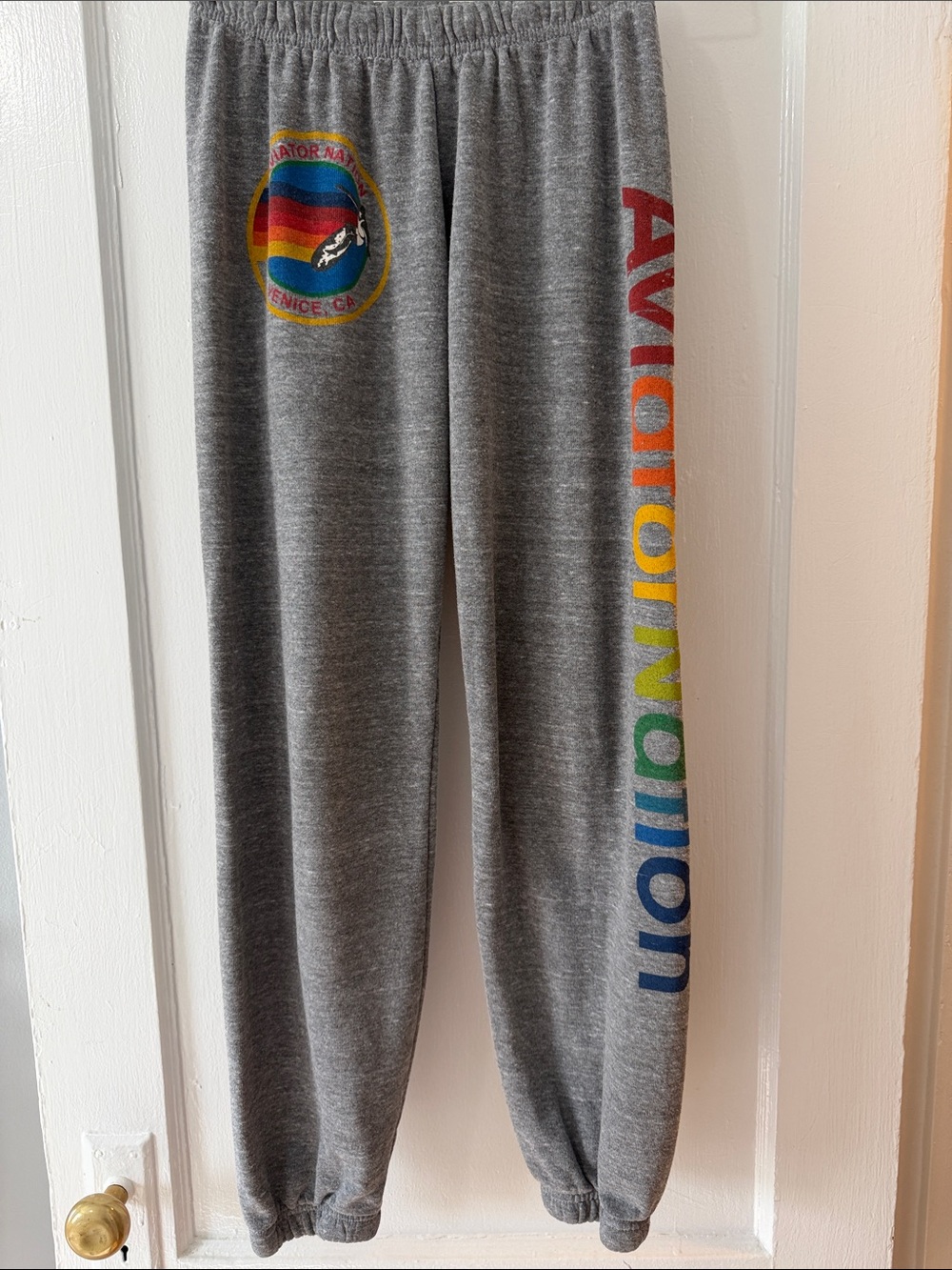 Aviator Nation Gray Joggers with Rainbow Logo and Side Lettering